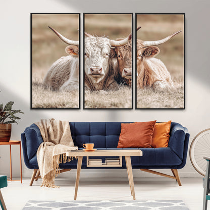 38651722-MGV-CV-36X24-Cow Wall Art – Rustic Longhorn Pair Canvas Print, Western Farmhouse Animal Painting, Country Ranch Decor for Living Room, Bedroom,