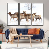41416314-MGV-CV-36X24-Elk Wall Art – Wildlife Herd Canvas Print in Snowy Landscape, Rustic Nature Painting, Western Cabin Lodge Decor for Living Room,
