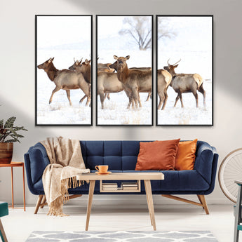 41416314-MGV-CV-36X24-Elk Wall Art – Wildlife Herd Canvas Print in Snowy Landscape, Rustic Nature Painting, Western Cabin Lodge Decor for Living Room,