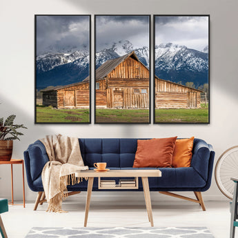 15173627-MGV-CV-36X24-Barn Wall Art – Rustic Wooden Cabin Canvas Print with Snowy Mountain Landscape, Western Farmhouse Country Decor for Living Room,