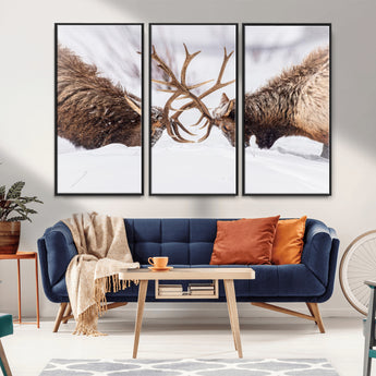 99240306-MGV-CV-36X24-Elk Wall Art – Two Bull Elk Fighting in Snow Canvas Print, Rustic Wildlife Artwork for Cabin, Lodge, Western Farmhouse, Nature &