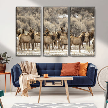 93076148-MGV-FC-48X32-3P_Black-Elk Herd Wall Art – Wildlife Canvas Print of Elk in Winter Landscape, Rustic Western Cabin & Lodge Décor, Nature Photography for
