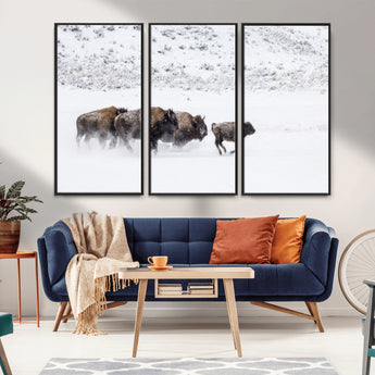 61161423-MGV-CV-36X24-Running Bison Herd Wall Art – Winter Buffalo Canvas Print, Wildlife Photography Decor for Rustic Living Room, Farmhouse, Lodge,