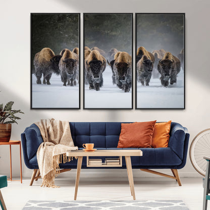 30332489-MGV-FC-48X32-3P_Black-Winter Bison Herd Wall Art – Powerful Buffalo Canvas Print, Rustic Wildlife Photography Decor for Farmhouse, Cabin, Lodge, Living