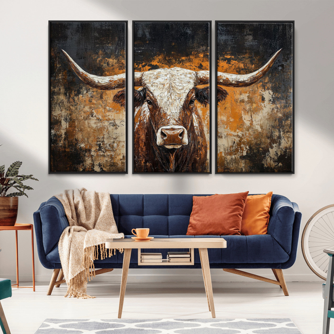 25265572-MGV-CV-36X24-Longhorn Bull Wall Art – Rustic Western Texas Steer Canvas Print, Textured Animal Painting for Home, Office, Man Cave or Farmhouse