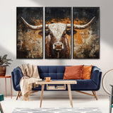 25265572-MGV-CV-36X24-Longhorn Bull Wall Art – Rustic Western Texas Steer Canvas Print, Textured Animal Painting for Home, Office, Man Cave or Farmhouse