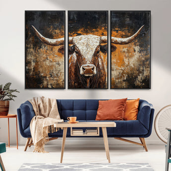 25265572-MGV-CV-36X24-Longhorn Bull Wall Art – Rustic Western Texas Steer Canvas Print, Textured Animal Painting for Home, Office, Man Cave or Farmhouse