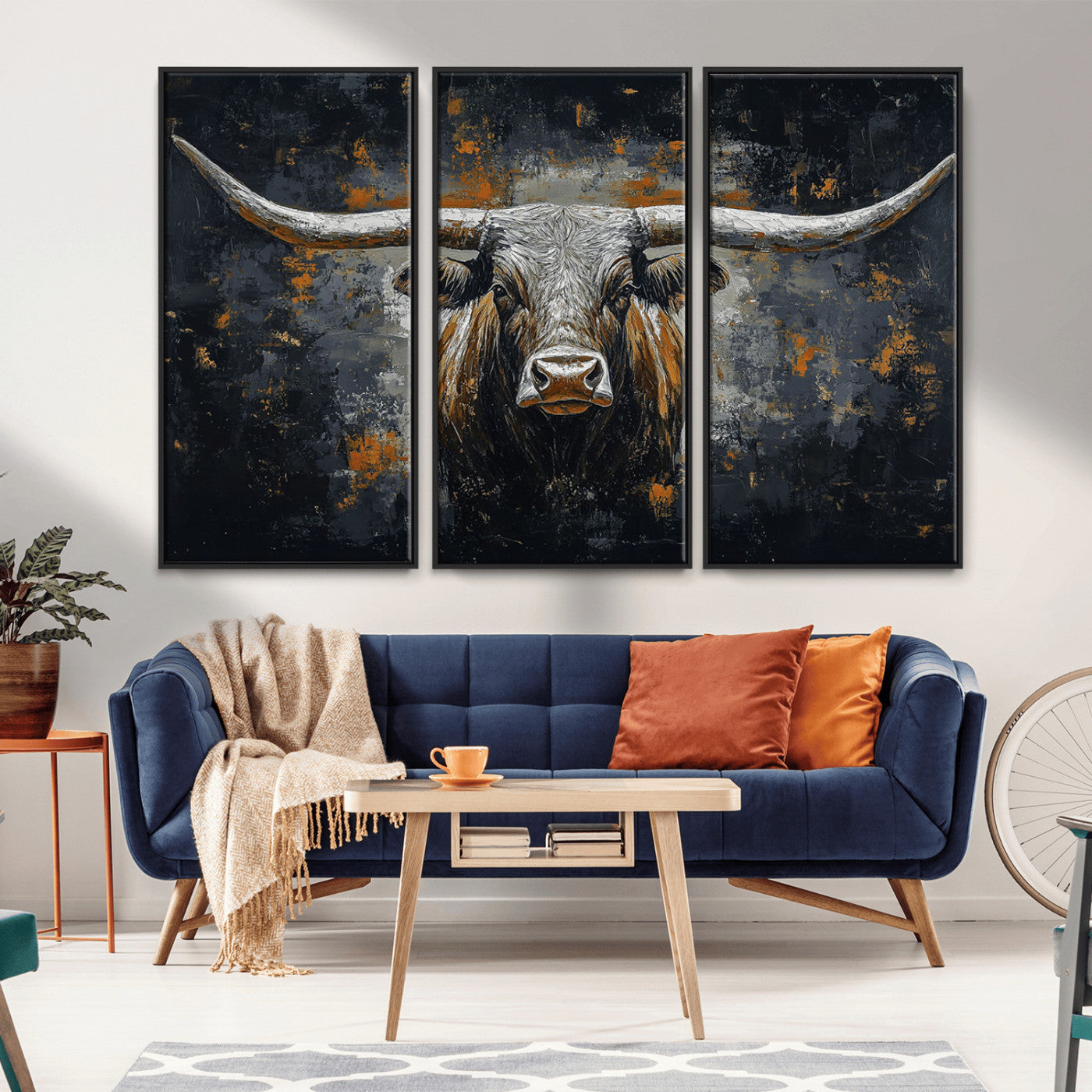 93195031-MGV-CV-36X24-Dark Longhorn Bull Wall Art – Western Steer Canvas Print, Moody Rustic Animal Painting for Man Cave, Ranch House, Office or Modern