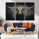 93195031-MGV-CV-36X24-Dark Longhorn Bull Wall Art – Western Steer Canvas Print, Moody Rustic Animal Painting for Man Cave, Ranch House, Office or Modern