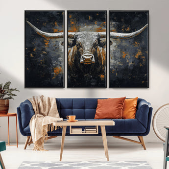 93195031-MGV-CV-36X24-Dark Longhorn Bull Wall Art – Western Steer Canvas Print, Moody Rustic Animal Painting for Man Cave, Ranch House, Office or Modern