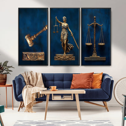 91629053-MGV-CV-36X24-Lady Justice Wall Art – Golden Gavel and Scales Canvas Print, Elegant Legal Office Decor for Lawyers, Judges, Courtroom or Study