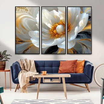 39604126-MGV-CV-36X24-Abstract Flower Wall Art – Elegant White and Gold Bloom Canvas Print, Modern Floral Artwork for Bedroom, Living Room, or Office