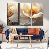 29539087-MGV-CV-36X24-Floral Wall Art – Elegant White and Gold Bloom Canvas Print, Romantic Modern Flower Artwork for Bedroom, Living Room, or Office