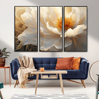 29539087-MGV-CV-36X24-Floral Wall Art – Elegant White and Gold Bloom Canvas Print, Romantic Modern Flower Artwork for Bedroom, Living Room, or Office