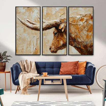 69611428-MGV-CV-36X24-Longhorn Bull Wall Art – Rustic Western Canvas Print, Textured Farmhouse Cattle Painting for Living Room, Office, or Ranch House