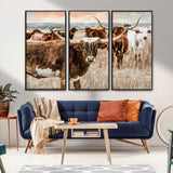 47758300-MGV-CV-36X24-Texas Longhorn Cattle Wall Art – Rustic Western Herd Canvas Print, Cowboy Ranch Farmhouse Decor for Living Room, Office, or