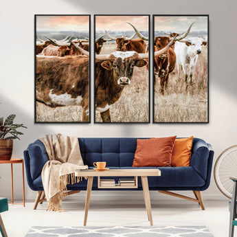 47758300-MGV-CV-36X24-Texas Longhorn Cattle Wall Art – Rustic Western Herd Canvas Print, Cowboy Ranch Farmhouse Decor for Living Room, Office, or