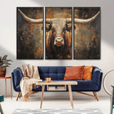 19204445-MGV-CV-36X24-Texas Longhorn Bull Wall Art – Rustic Western Canvas Print, Bold Cowboy Cattle Painting for Ranch House, Farmhouse, Office, or