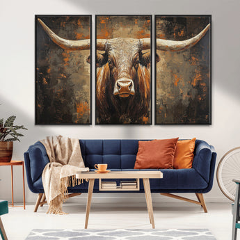 19204445-MGV-CV-36X24-Texas Longhorn Bull Wall Art – Rustic Western Canvas Print, Bold Cowboy Cattle Painting for Ranch House, Farmhouse, Office, or