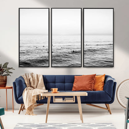 47208268-MGV-CV-36X24-Surfer Ocean Wall Art – Black and White Coastal Canvas Print, Minimalist Surfing Seascape Decor for Living Room, Bedroom, or Beach