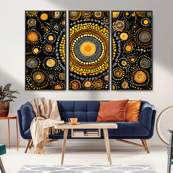45478523-MGV-CV-36X24-Abstract Circle Wall Art – Bold Black and Gold Dot Painting Canvas Print, Modern Geometric Mandala Style Decor for Living Room or