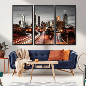 59097239-MGV-CV-36X24-City Skyline Wall Art – Modern Black and White Night Canvas Print with Red Light Trails, Urban Landscape Decor for Living Room or