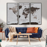 43749658-MGV-CV-36X24-Welcome to Great Adventure World Map Wall Art – Charcoal Gray Canvas Print, Rustic Travel Decor for Living Room, Study, Office or