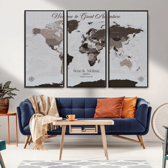 43749658-MGV-CV-36X24-Welcome to Great Adventure World Map Wall Art – Charcoal Gray Canvas Print, Rustic Travel Decor for Living Room, Study, Office or
