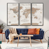 63516865-MGV-CV-36X24-Explore Dream Discover World Map Wall Art – Inspirational Travel Adventure Canvas Print, Neutral Parchment Style Explorer Decor