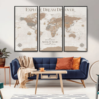 63516865-MGV-CV-36X24-Explore Dream Discover World Map Wall Art – Inspirational Travel Adventure Canvas Print, Neutral Parchment Style Explorer Decor