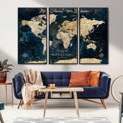 36970886-MGV-CV-36X24-Life is a Journey Not a Destination World Map Rustic Navy Beige Vintage Travel Wall Art Adventure Quote Canvas Print for Home