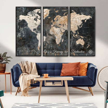 37848568-MGV-CV-36X24-Life is a Journey Not a Destination World Map Rustic Wood Texture Vintage Beige Navy Adventure Wall Art Canvas Print for Home