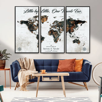 88337180-MGV-CV-36X24-Little by Little One Travels Far Tolkien Quote World Map Rustic Black Brown Adventure Wall Art Canvas Print for Home Office Living