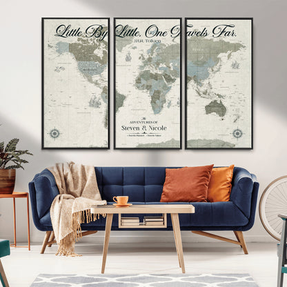 10693204-MGV-FC-48X32-3P_Black-Little By Little One Travels Far Tolkien Quote Blue Green World Map Adventure Wall Art Canvas Print Rustic Wanderlust Travel Decor
