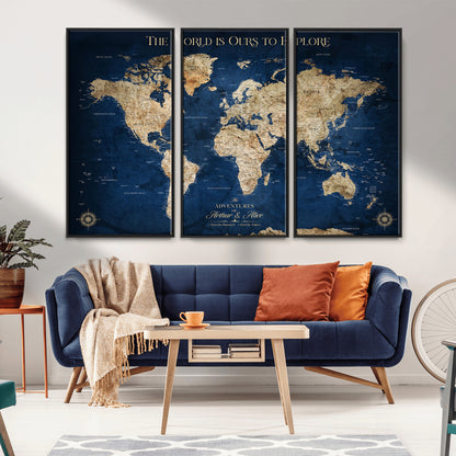 54782997-MGV-CV-36X24-The World is Ours to Explore Wall Art – Blue World Map Canvas Print, Adventure Travel Decor for Home, Office or Living Room,