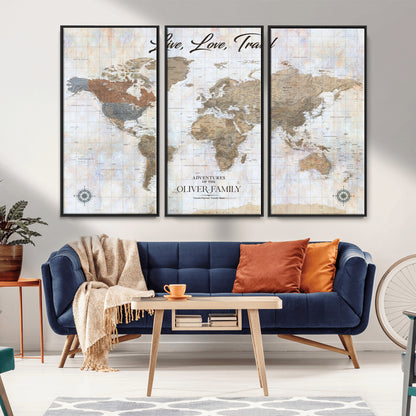 43924907-MGV-CV-36X24-Live Love Travel Wall Art – Neutral World Map Canvas Print, Rustic Adventure Decor for Home, Office or Living Room, Unique Gift