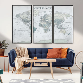 TEST111-MGV-CV-36X24-Personalized Adventure Awaits Push Pin World Map – Custom Framed Travel Tracker Canvas Wall Art for Home, Office