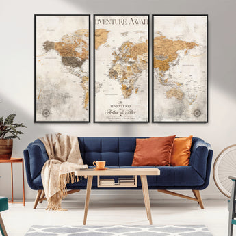 99422096-MGV-CV-36X24-Adventure Awaits World Map Wall Art – Neutral Beige Canvas Print, Modern Travel Inspired Wall Decor for Living Room, Bedroom or