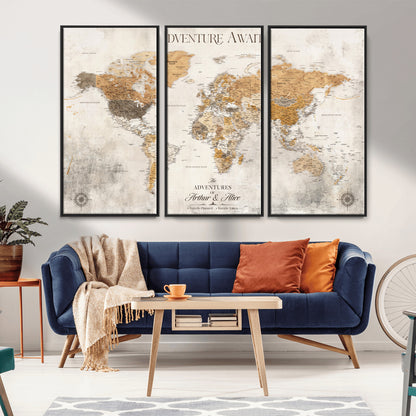 99422096-MGV-CV-36X24-Adventure Awaits World Map Wall Art – Neutral Beige Canvas Print, Modern Travel Inspired Wall Decor for Living Room, Bedroom or