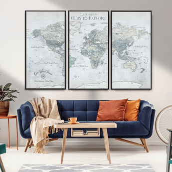 94249974-MGV-CV-36X24-Ours Explore World Map Wall Art – Modern Travel Canvas Print, Neutral Adventure Decor for Living Room, Office, Study, Bedroom,