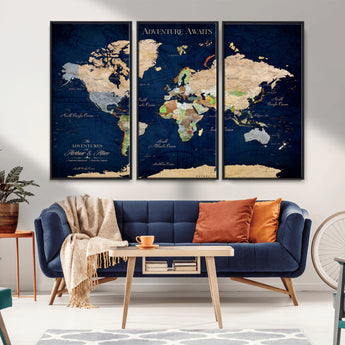 43160428-MGV-CV-36X24-Adventure Awaits Navy Blue World Map – Vibrant Travel Canvas Wall Art, Antique Atlas Print, Wanderlust Decor for Home Office