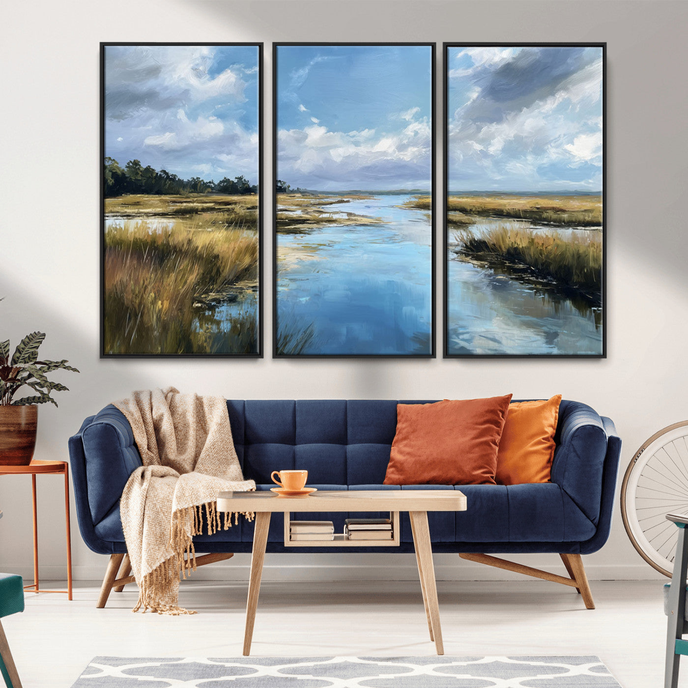 87082041-MGV-FC-48X32-3P_Black-Painted Marshland Canvas Wall Art – Serene Water Reflection, Blue Sky, Golden Grass Landscape, Calm Nature Decor for Home, Office,