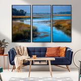 26300004-MGV-FC-48X32-3P_Black-Tranquil Marshland Canvas Wall Art – Blue Water, Reflective Sky, Golden Grasses, Calm Nature Landscape, Scenic Outdoor Beauty for