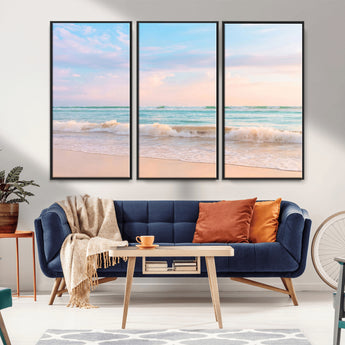 88024944-MGV-CV-36X24-Beach Landscape Wall Art – Coastal Ocean Canvas Print with Gentle Waves and Pastel Sky, Serene Seascape Photography for Living