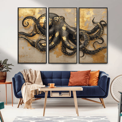 57944271-MGV-CV-36X24-Octopus Wall Art – Black and Gold Nautical Canvas Print, Modern Ocean Inspired Artwork with Elegant Detailing, Coastal Marine