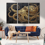 47056538-MGV-FC-48X32-3P_Black-Octopus Canvas Wall Art – Gold Detail, Wooden Texture, Marine Life, Ocean Creature Tentacles, Nautical Coastal Rustic Decor for