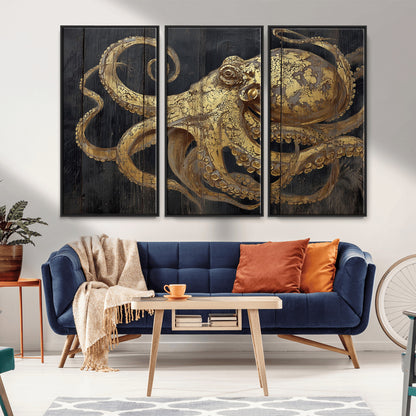 47056538-MGV-FC-48X32-3P_Black-Octopus Canvas Wall Art – Gold Detail, Wooden Texture, Marine Life, Ocean Creature Tentacles, Nautical Coastal Rustic Decor for