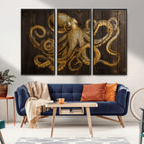 56769669-MGV-CV-36X24-Octopus Wall Art – Gold Nautical Canvas Print with Rustic Wood Panel Design, Detailed Marine Artwork for Coastal Ocean Decoration