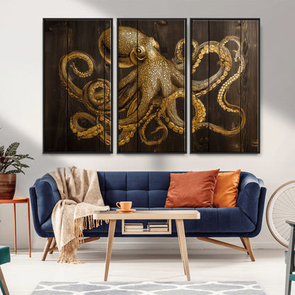 56769669-MGV-CV-36X24-Octopus Wall Art – Gold Nautical Canvas Print with Rustic Wood Panel Design, Detailed Marine Artwork for Coastal Ocean Decoration