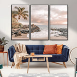 18005328-MGV-FC-48X32-3P_Black-Tropical Beach Wall Art – Coastal Ocean Canvas Print with Palm Tree, Sunset Sky and Rocky Shore, Serene Seascape Photography for